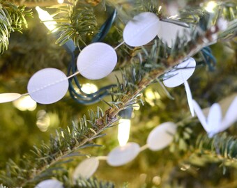 White Circles Garland - yards and yards of mini white circles, perfect for Christmas Trees, birthdays and more! 60 feet long.