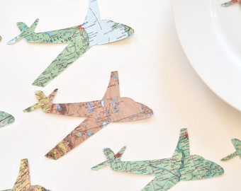 Small and Large Vintage Map Paper Airplane Confetti Available. White cloud cutouts also available. Perfect for table decorations.