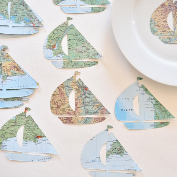 Vintage Map Sailboat Shaped Confetti - Choose from 30 or 50 pieces