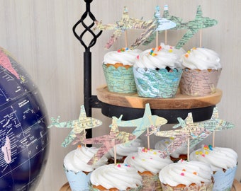 Vintage Map Airplane Cupcake Toppers - Perfect for weddings, birthdays, baby showers, and much more!