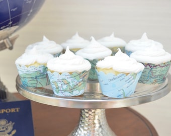 Vintage Map Mini Cupcake Wrappers - Let the adventure begin with these colorful world atlas mini cupcake wrappers.