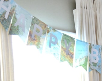 Deluxe Vintage Atlas/Map Banner. Choose From Happy Birthday, Adventure Awaits, Let The Adventure Begin, or Traveling From Miss To Mrs.