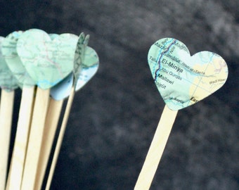 Vintage Map Heart Drink Stirrers - Swizzle sticks for hot or cold drinks