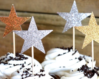 12 Glitter Star Cupcake Toppers in blue, bronze, gold, pink, hot pink, silver, or red - custom colors available