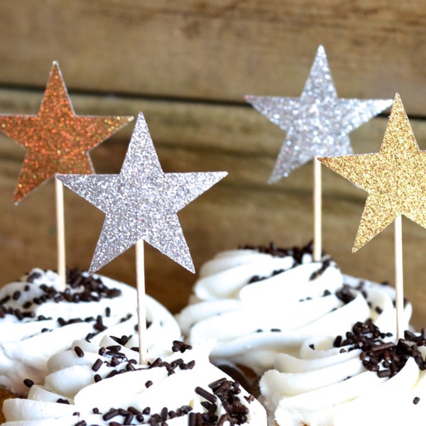 12 Glitter Star Cupcake Toppers in blue, bronze, gold, pink, hot pink, silver, or red - custom colors available