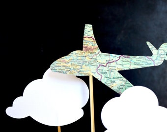 Vintage Map Airplane and Cloud Shaped Cake Toppers