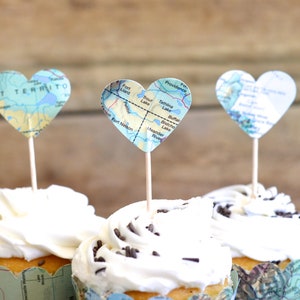 Vintage Map Heart Cupcake Toppers - perfect for your adventure themed wedding, baby shower, or birthday!