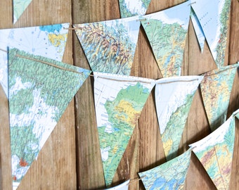 Large Vintage Map Triangle Garland  - Choose your length (5ft, 10ft, 15ft, 20ft, or 30ft).