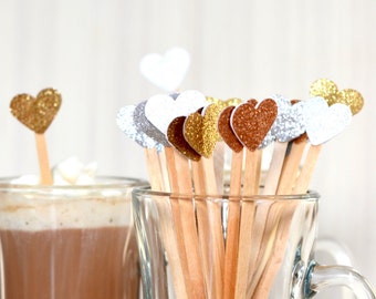 Glitter Heart Drink Stirrers - Swizzle sticks for hot or cold drinks. Choose from Gold | Silver | White | Pink | Red | Blue | Purple | etc