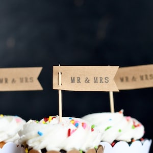 Mr. & Mrs. or Miss to Mrs. Flag Cupcake Toppers - Perfect Dessert toppers for Engagement Parties, Wedding Showers, or Receptions.