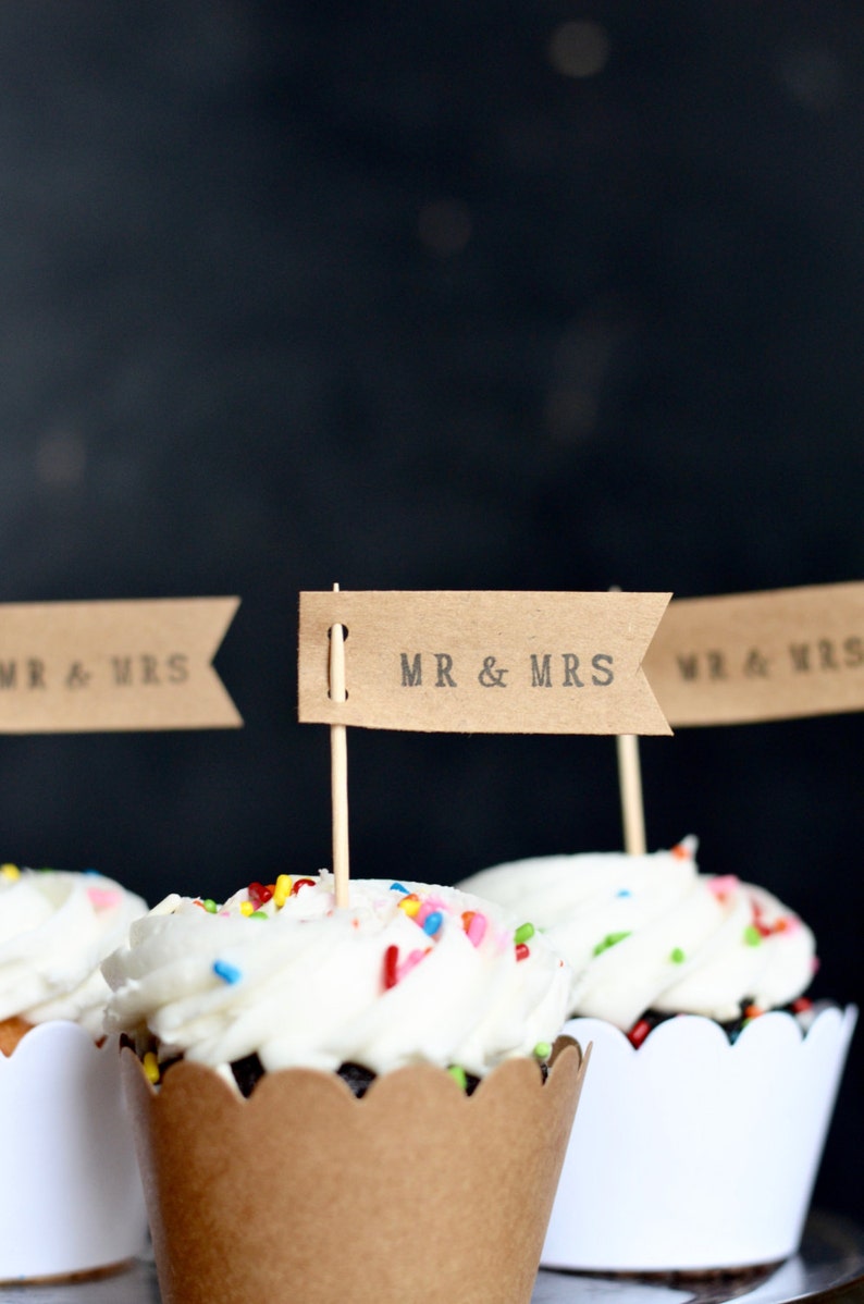 Mr. & Mrs. or Miss to Mrs. Flag Cupcake Toppers - Perfect Dessert toppers for Engagement Parties, Wedding Showers, or Receptions.