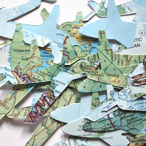 Small and Large Vintage Map Paper Airplane Confetti Available. White cloud cutouts also available. Perfect for table decorations. image 3