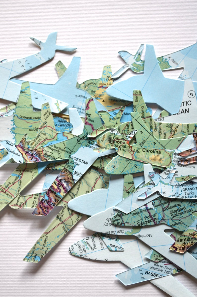 Small and Large Vintage Map Paper Airplane Confetti Available. White cloud cutouts also available. Perfect for table decorations. image 3