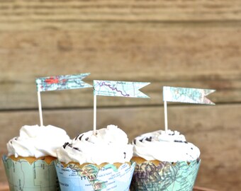 Vintage Map Cupcake Flags