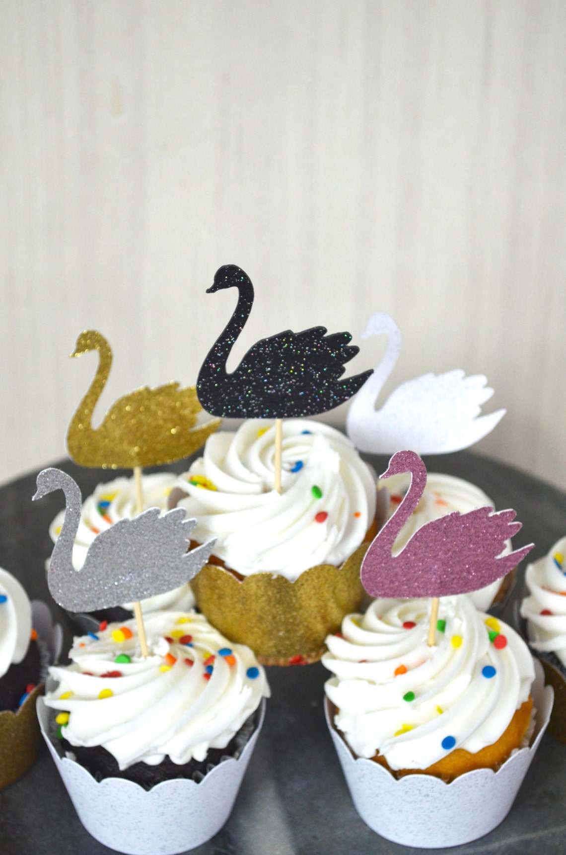 Swan Cupcake Toppers in Your Choice of Gold Glitter Silver Etsy