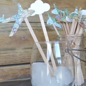 Vintage Map Airplane and White Cloud Drink Stir Sticks. Also available in red, white, blue, green, yellow, gray, black, and more.