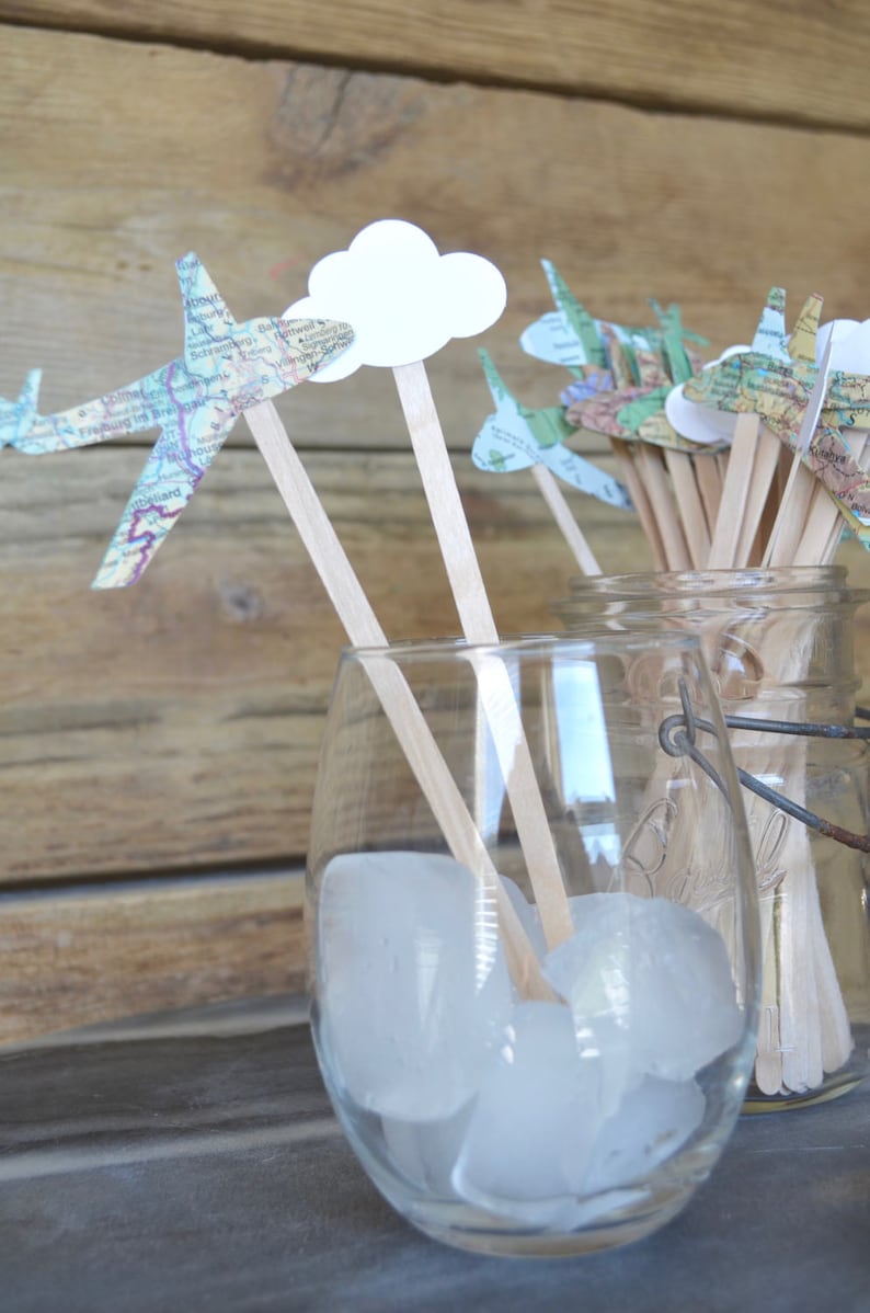 Vintage Map Airplane and White Cloud Drink Stir Sticks. Also available in red, white, blue, green, yellow, gray, black, and more.