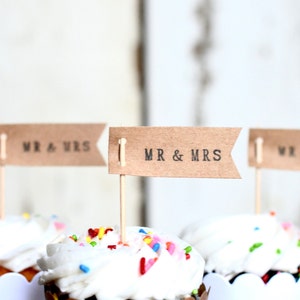 Mr. & Mrs. or Miss to Mrs. Flag Cupcake Toppers - Perfect Dessert toppers for Engagement Parties, Wedding Showers, or Receptions.