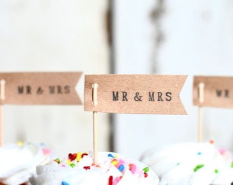 Mr. & Mrs. or Miss to Mrs. Flag Cupcake Toppers - Perfect Dessert toppers for Engagement Parties, Wedding Showers, or Receptions.