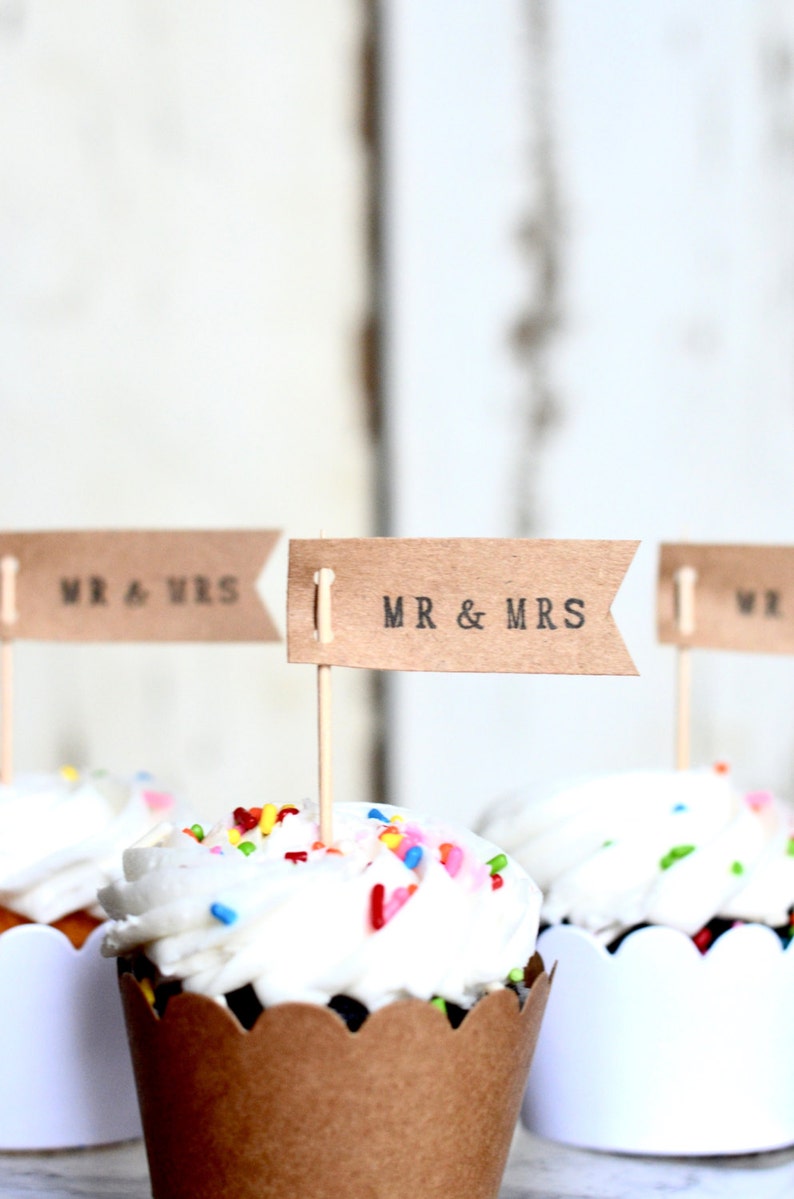 Mr. & Mrs. or Miss to Mrs. Flag Cupcake Toppers - Perfect Dessert toppers for Engagement Parties, Wedding Showers, or Receptions.