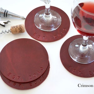 4 Leather Circle Coasters. 4.5 Wide. Choose from Caramel Brown, Chocolate, Black, Western, Camel & other colors Personalization Available. Crimson Red