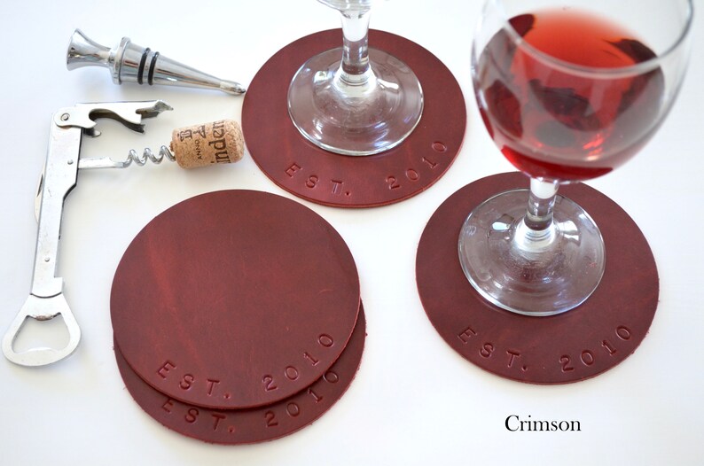 4 Leather Circle Coasters. 4.5 Wide. Choose from Caramel Brown, Chocolate, Black, Western, Camel & other colors Personalization Available. Crimson Red