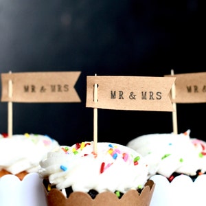 Mr. & Mrs. or Miss to Mrs. Flag Cupcake Toppers - Perfect Dessert toppers for Engagement Parties, Wedding Showers, or Receptions.