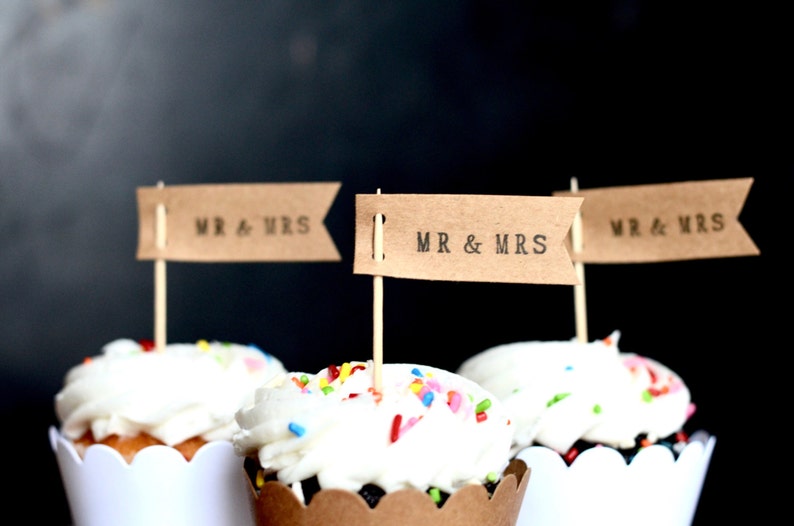 Mr. & Mrs. or Miss to Mrs. Flag Cupcake Toppers - Perfect Dessert toppers for Engagement Parties, Wedding Showers, or Receptions.