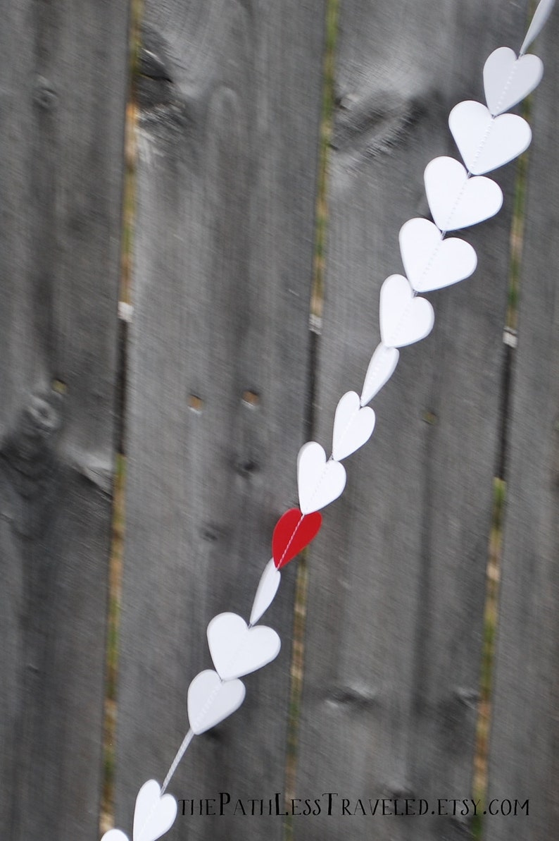 White Paper Hearts Garland white with a red heart, custom colors available image 3