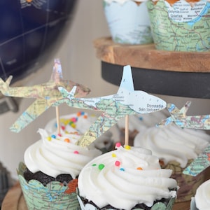 Vintage Map Airplane Cupcake Toppers - Perfect for weddings, birthdays, baby showers, and much more!