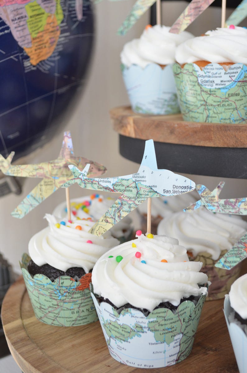 Vintage Map Airplane Cupcake Toppers - Perfect for weddings, birthdays, baby showers, and much more!