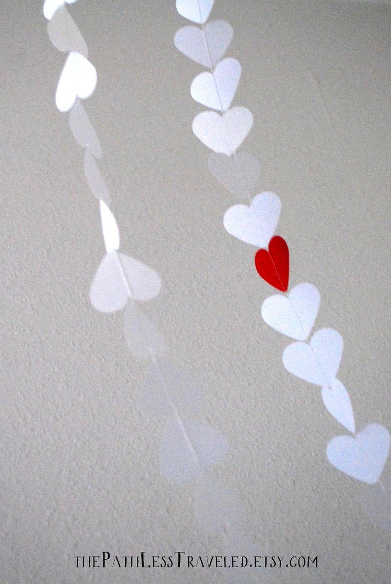White Paper Hearts Garland white with a red heart, custom colors available image 2