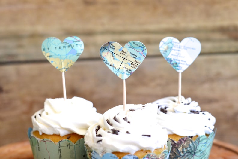 Vintage Map Heart Cupcake Toppers Perfect For Your Adventure Themed Wedding Baby Shower Or Birthday