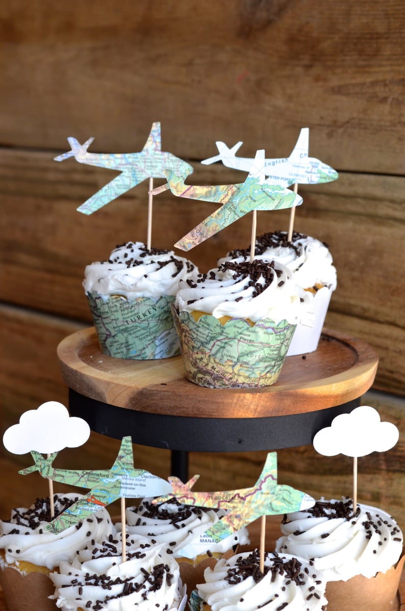 Vintage Map Airplane Cupcake Toppers - Perfect for weddings, birthdays, baby showers, and much more!