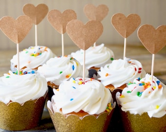 Kraft Heart Cupcake Toppers, choose from sets of 12, 24, 30, 36, 50 or 100 toppers!