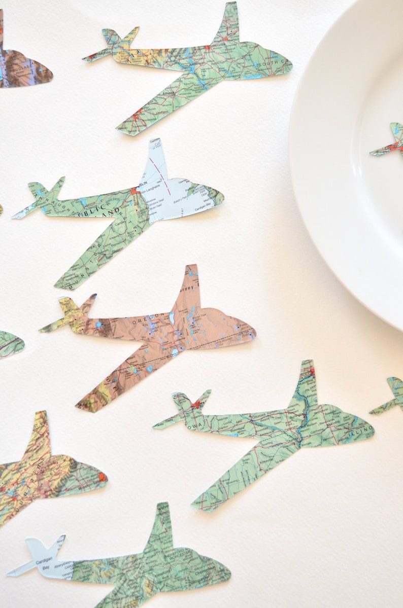 Small and Large Vintage Map Paper Airplane Confetti Available. White cloud cutouts also available. Perfect for table decorations. image 1