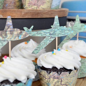 Vintage Map Airplane Cupcake Toppers - Perfect for weddings, birthdays, baby showers, and much more!