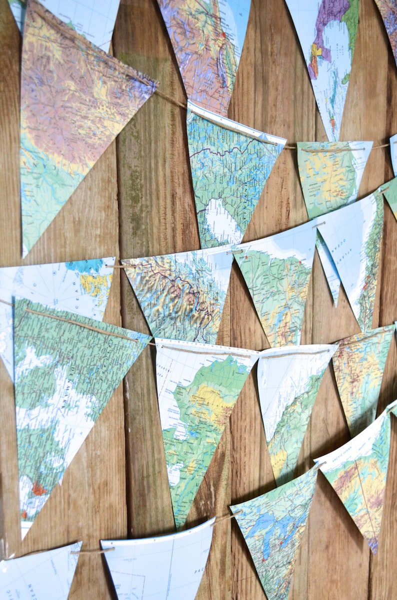 Large Vintage Map Triangle Garland  - 5, 10, 15, 20 or 30 feet of bunting