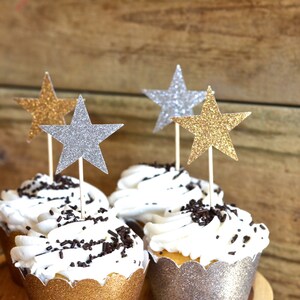 12 Glitter Star Cupcake Toppers in blue, bronze, gold, pink, hot pink, silver, or red custom colors available image 3