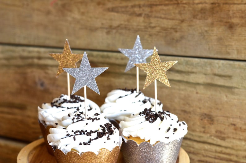 12 Glitter Star Cupcake Toppers in blue, bronze, gold, pink, hot pink, silver, or red custom colors available image 3