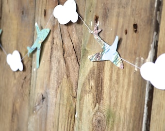 Clouds and Vintage Map Airplanes Garland, classic party decor