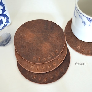 4 Leather Circle Coasters. 4.5" Wide. Choose from Caramel Brown, Chocolate, Black, Western, Camel & other colors! Personalization Available.