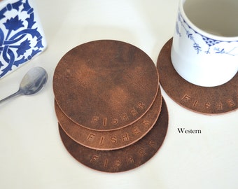 4 Leather Circle Coasters. 4.5" Wide. Choose from Caramel Brown, Chocolate, Black, Western, Camel & other colors! Personalization Available.