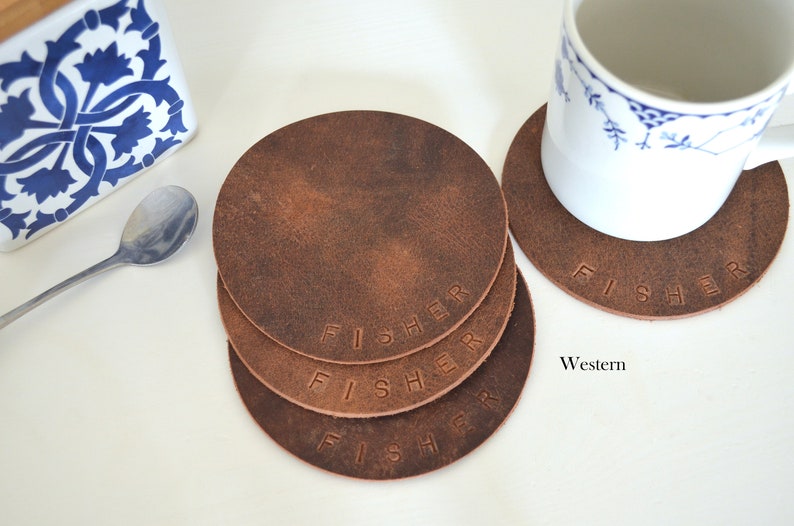 4 Leather Circle Coasters. 4.5 Wide. Choose from Caramel Brown, Chocolate, Black, Western, Camel & other colors Personalization Available. Western Brown