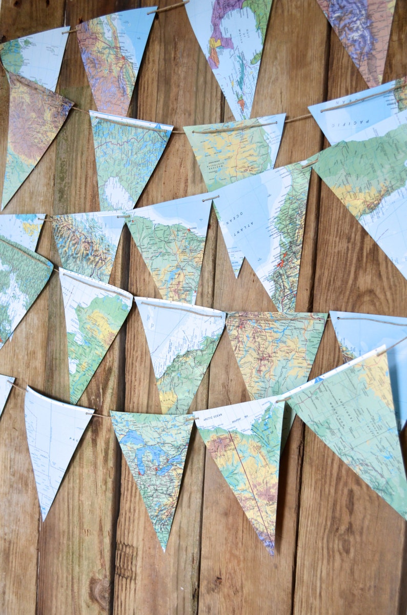 Large Vintage Map Triangle Garland  - 5, 10, 15, 20 or 30 feet of bunting