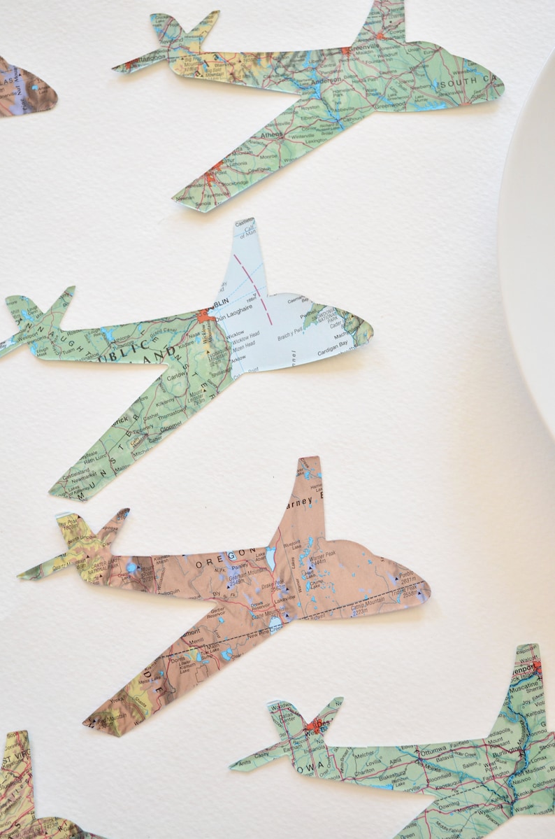 Small and Large Vintage Map Paper Airplane Confetti Available. White cloud cutouts also available. Perfect for table decorations. image 5