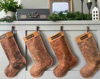 Full Grain Leather Christmas Stocking. Crazy Horse brown leather with brass finish hardware. Free gold foil personalization and US shipping.