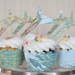 Vintage Map Airplane Cupcake Toppers - Perfect for weddings, birthdays, baby showers, and much more!