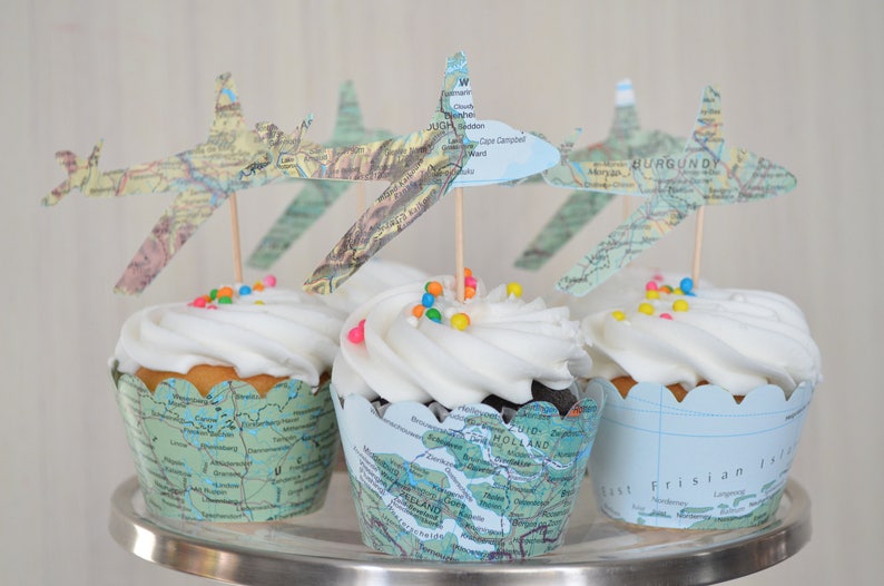 Vintage Map Airplane Cupcake Toppers - Perfect for weddings, birthdays, baby showers, and much more!