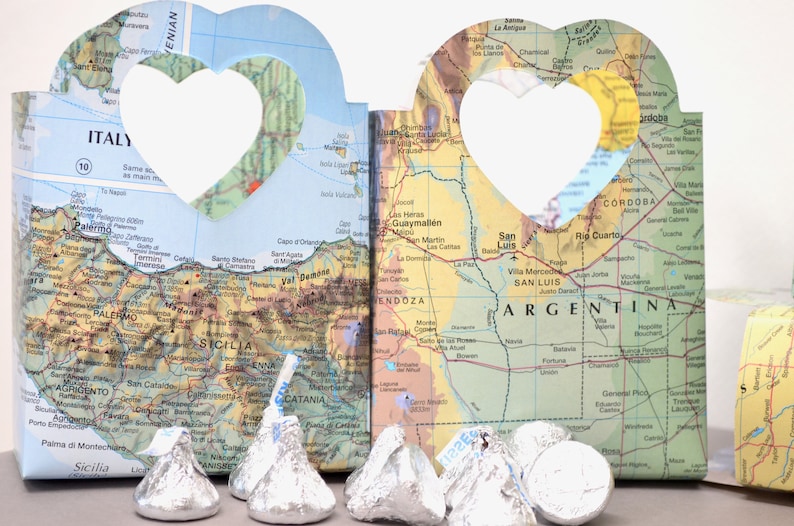 Vintage Map Heart Handled Gift Bags Perfect for gift cards, wedding favors, wedding confetti, small gifts, and candy. image 2